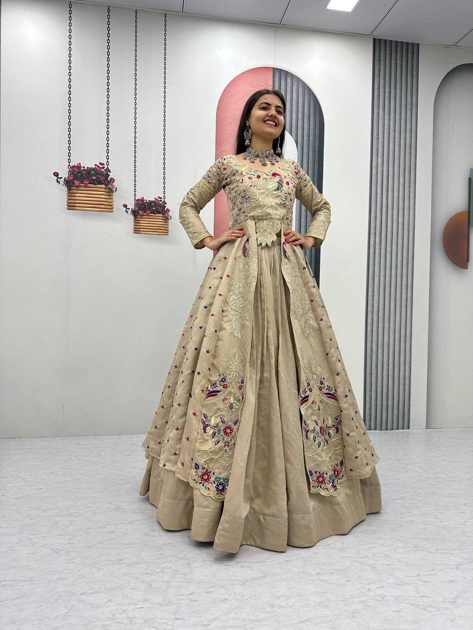 Yash Enterprise Cream Vichitra Silk Party Wear Embroidery Crop Top With Blouse Lehenga Choli | Grocsy