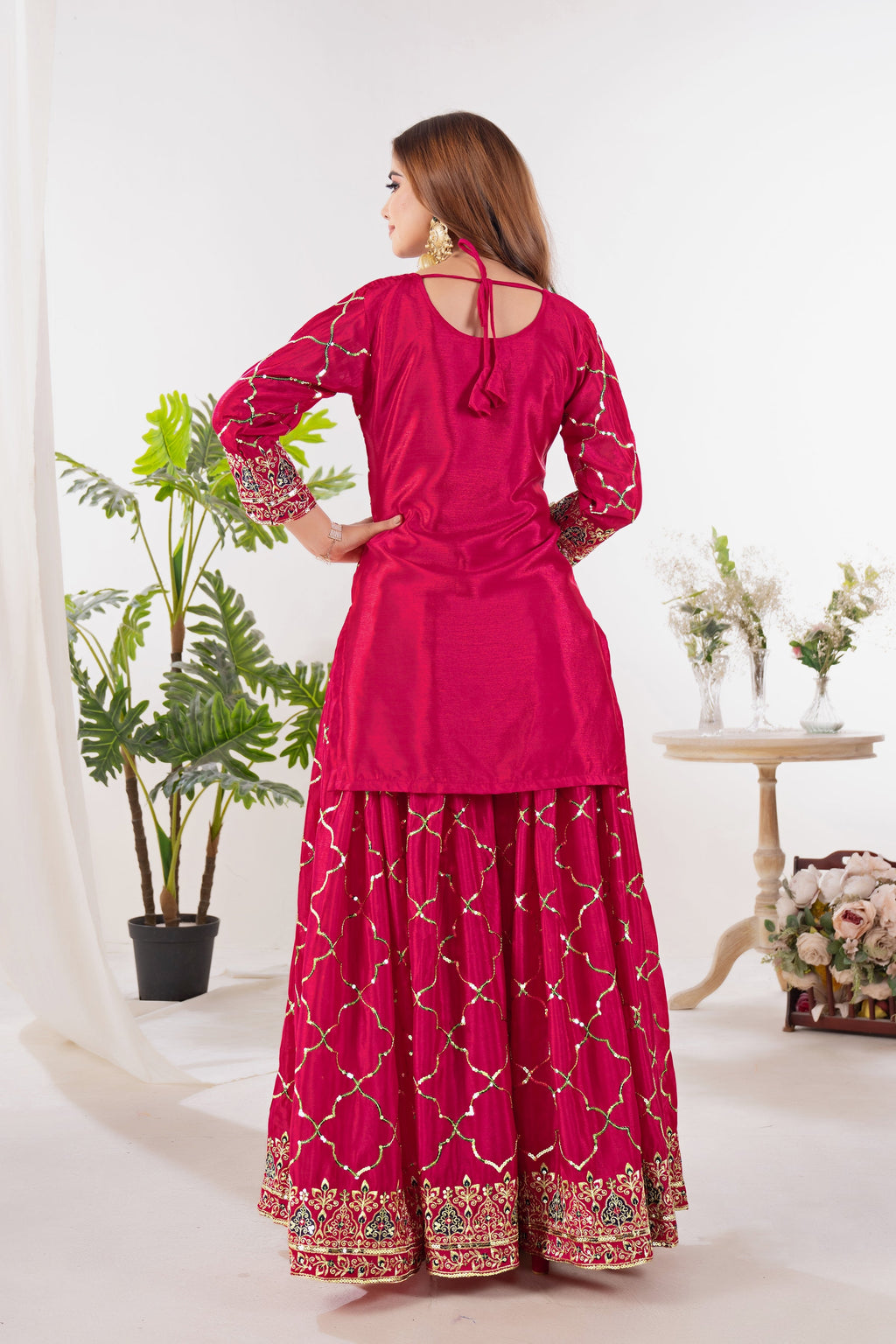 Yash Enterprise Red Chinnon Silk Embroidery Party Wear Suit Set | Grocsy