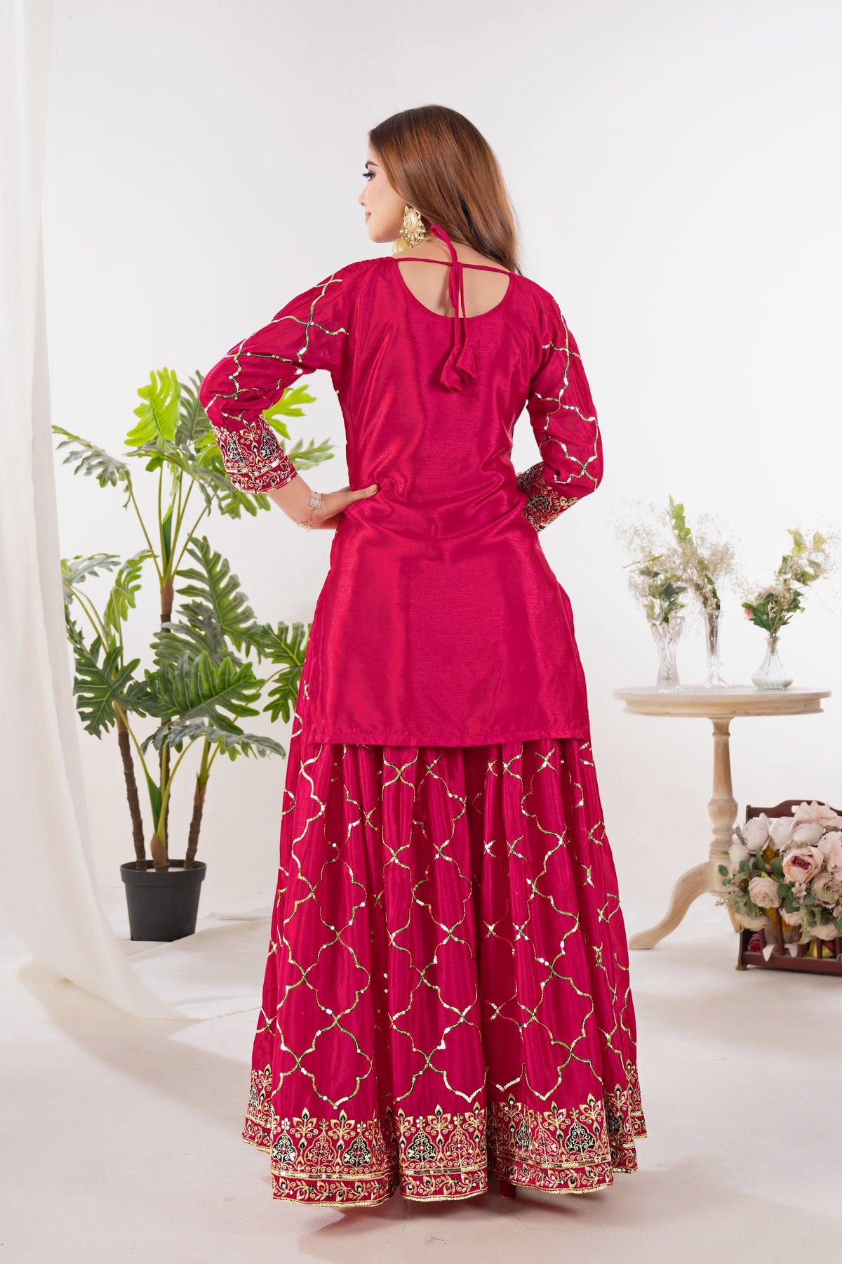 Yash Enterprise Red Chinnon Silk Embroidery Party Wear Suit Set | Grocsy