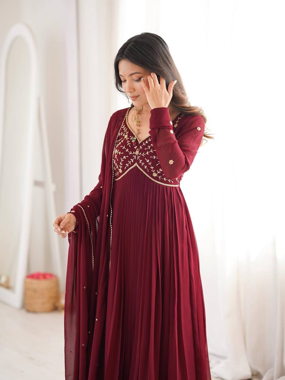 Yash Enterprise Maroon Faux Georgette Party Wear Embroidery Suit Set | Grocsy