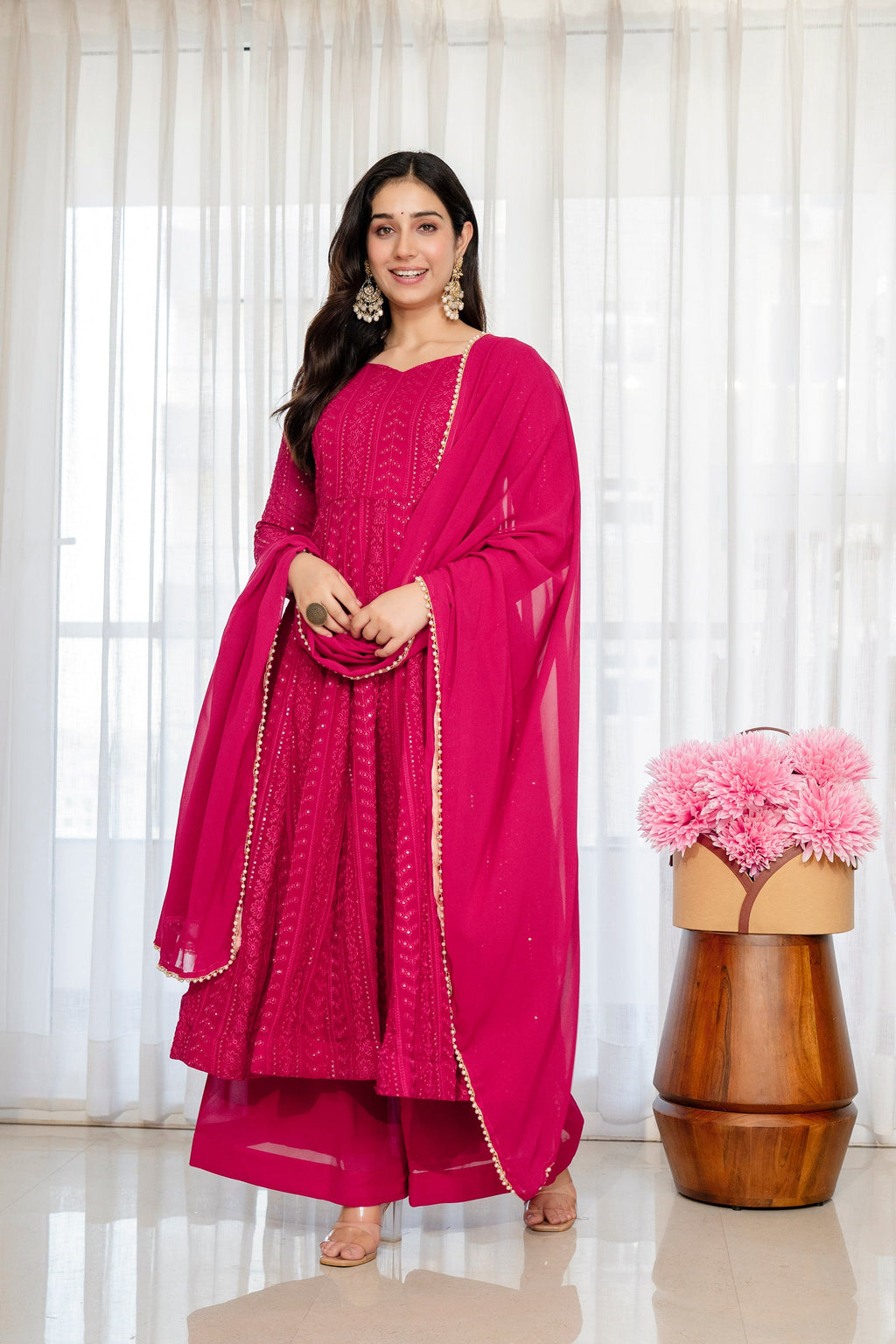 Yash Enterprise Rani Pink Blooming Silk Party Wear Embroidery Sharara Suit Set | Grocsy
