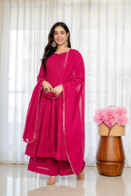 Yash Enterprise Rani Pink Blooming Silk Party Wear Embroidery Sharara Suit Set | Grocsy