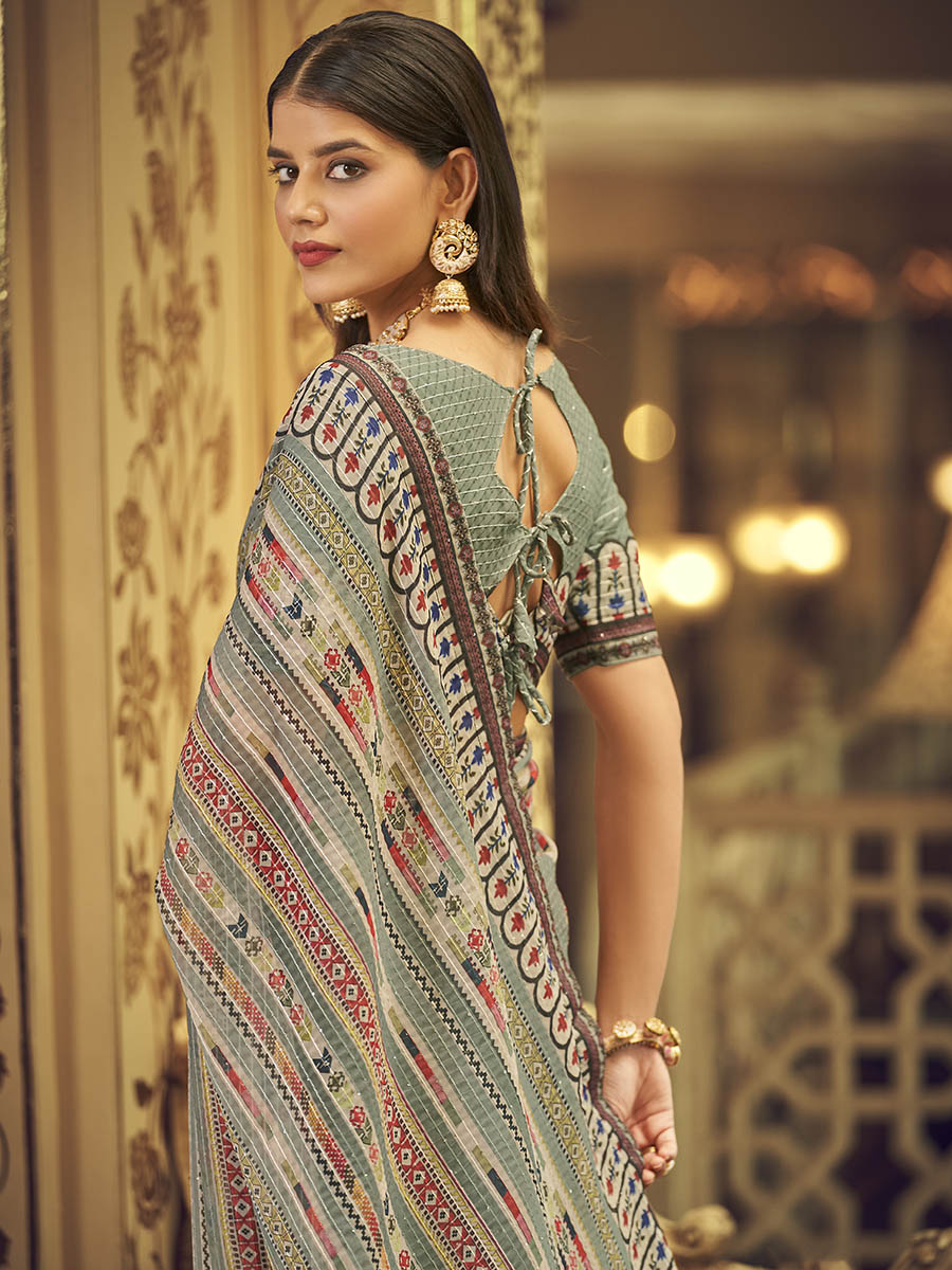 Myra Multicolour Gorgette Designer Saree | Grocsy