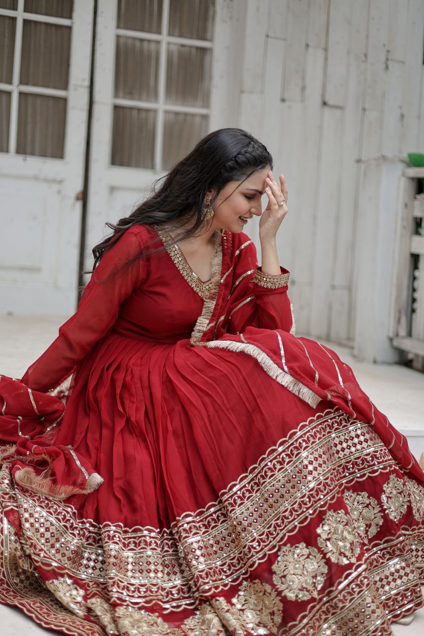 Yash Enterprise Maroon Sequin Embroidered Faux Blooming Gown With Dupatta | Grocsy