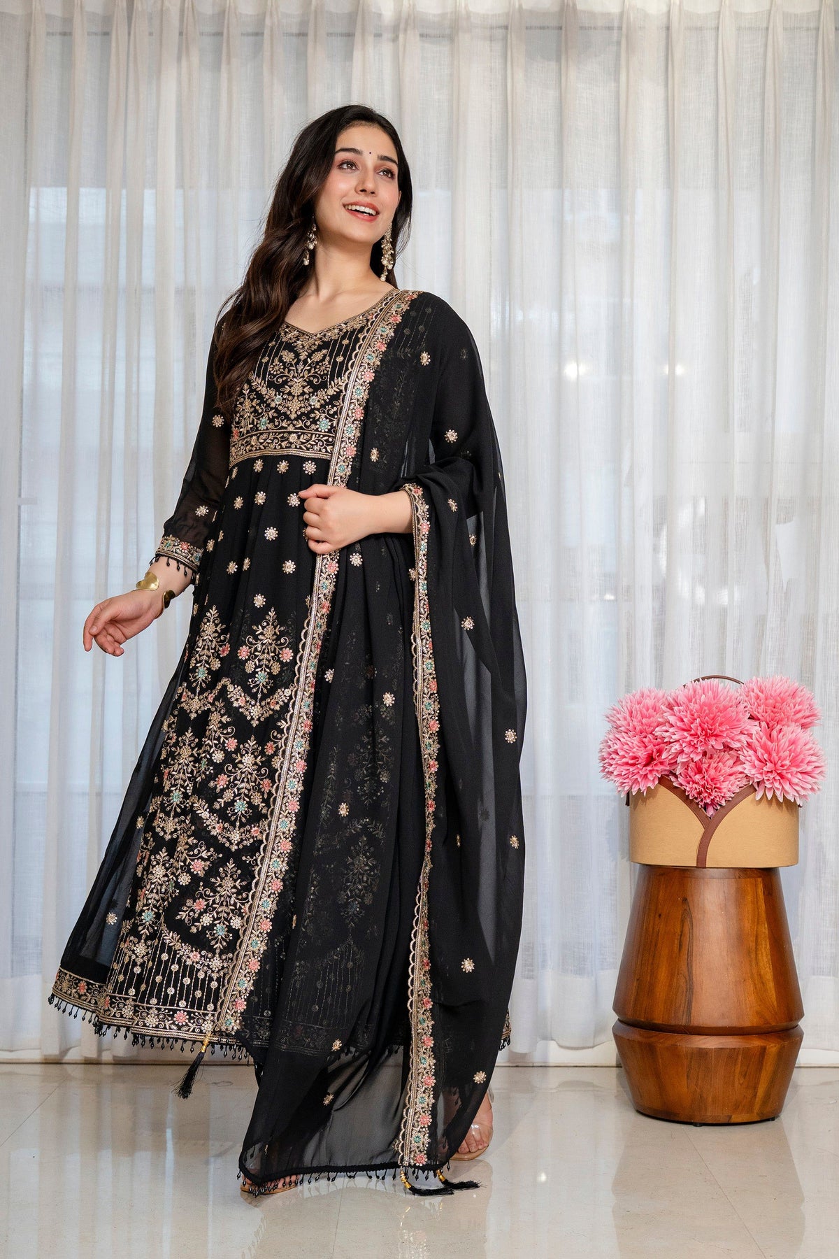 Yash Enterprise Black Georgette Party Wear Anarkali Suit Set | Grocsy