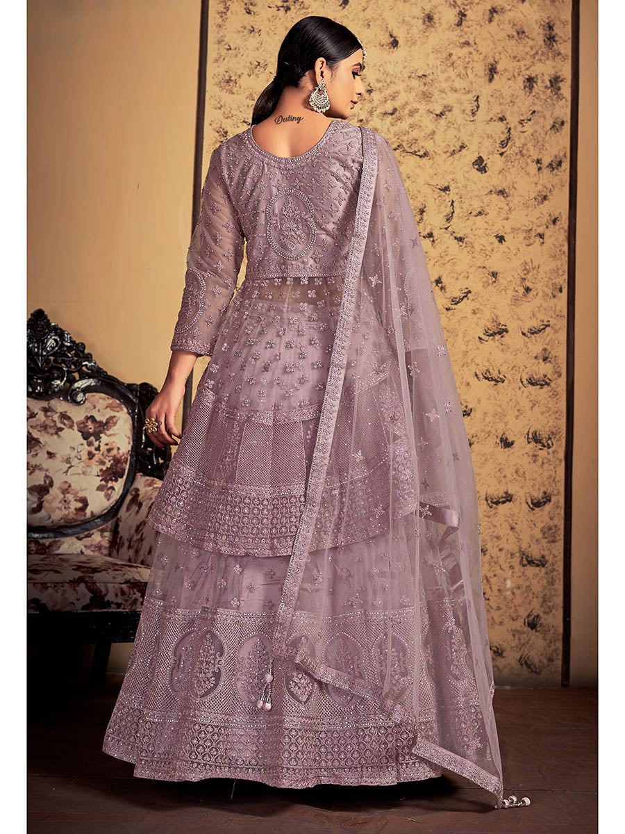 Myra Mauve Soft Net Heavy Embroidered Designer Lehenga | Grocsy