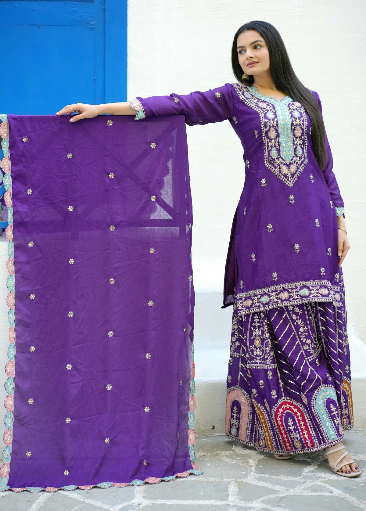 Yash Enterprise Embroidered Chinon With Sequence Blue Readymade Salwar Suit | Grocsy
