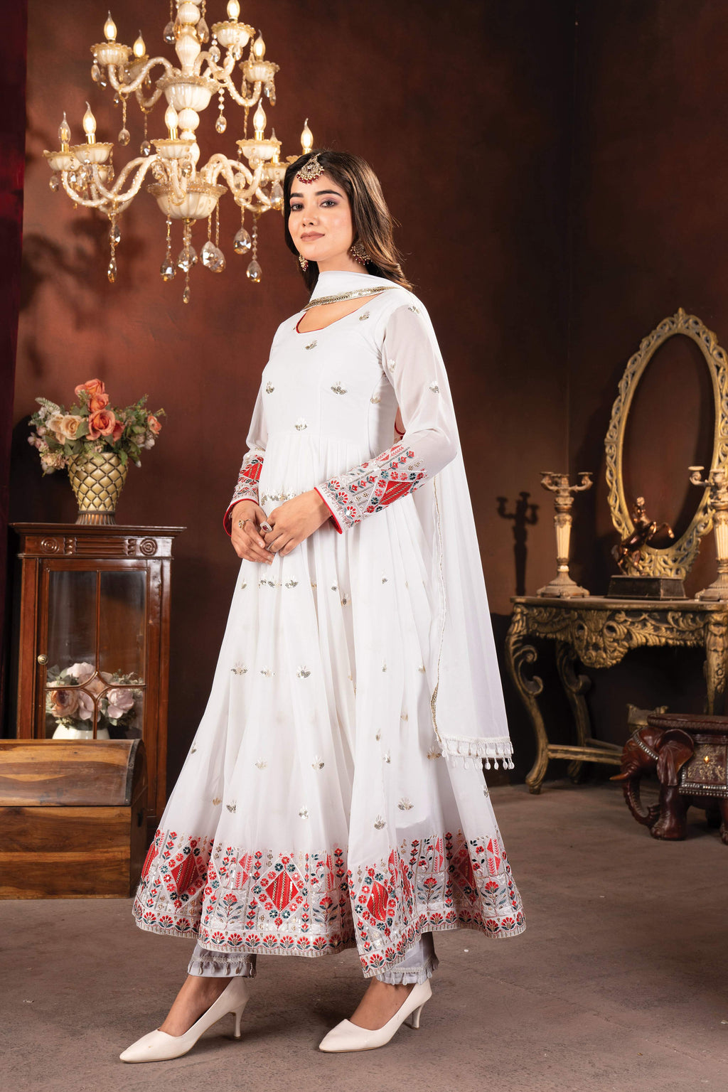 Yash Enterprise White Faux Blooming Embroidery Party Wear Suit Set | Grocsy