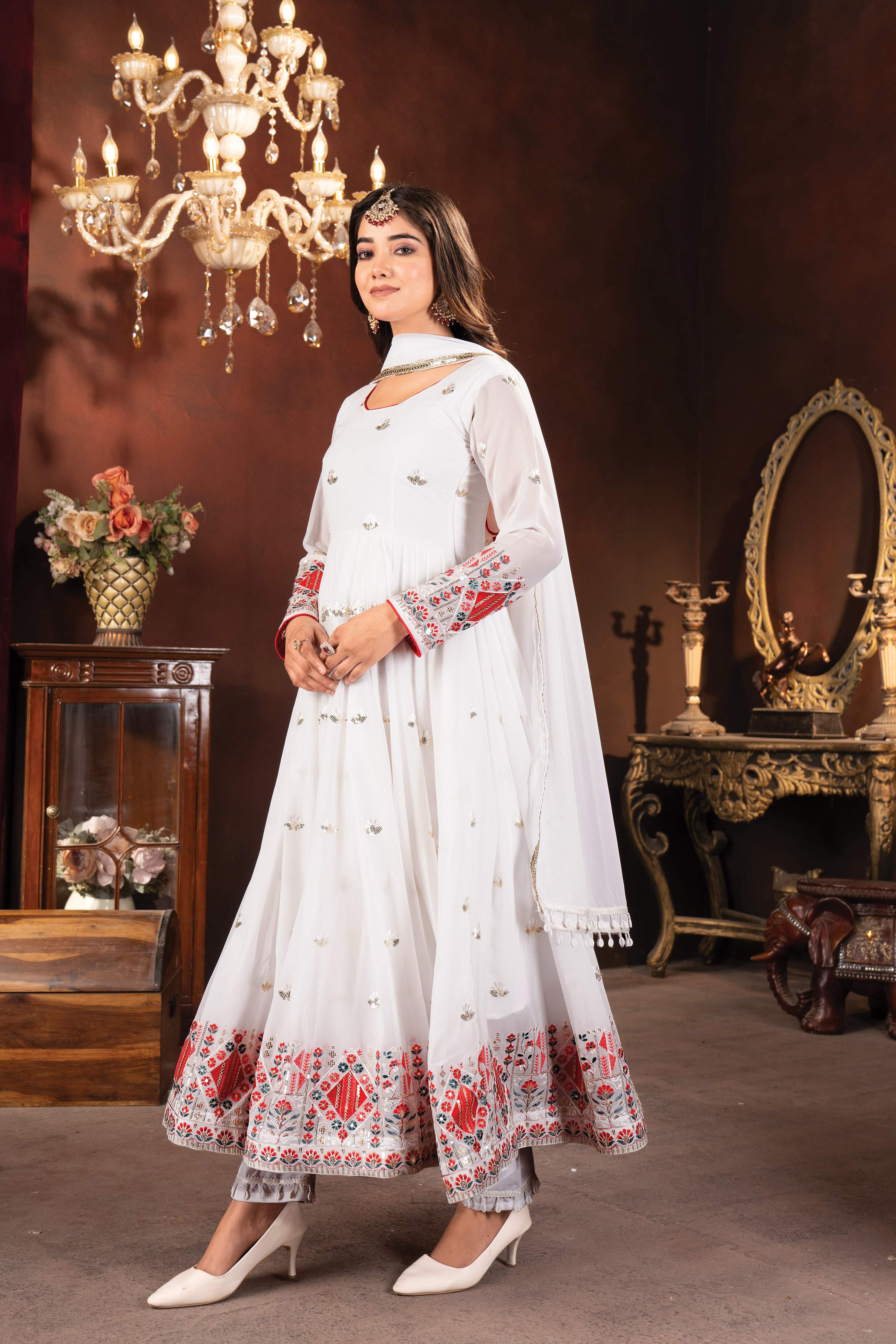 Yash Enterprise White Faux Blooming Embroidery Party Wear Suit Set | Grocsy
