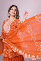 Yash Enterprise Orange Chinon Silk Party Wear Embroidery Suit Set | Grocsy