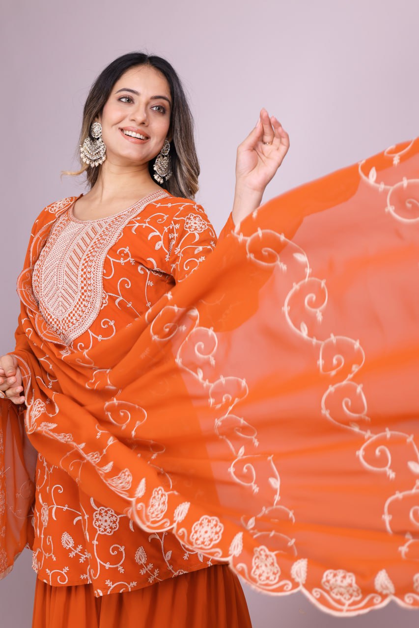 Yash Enterprise Orange Chinon Silk Party Wear Embroidery Suit Set | Grocsy