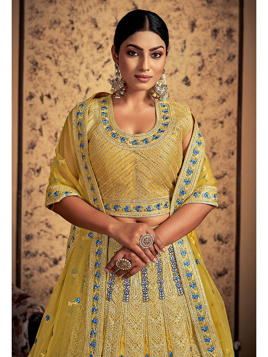 Myra Mustard Soft Net Heavy Embroidered Designer Lehenga | Grocsy