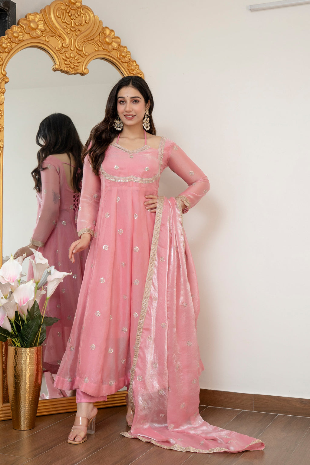 Yash Enterprise Peach Fandy Silk Party Wear Embroidery Suit Set | Grocsy