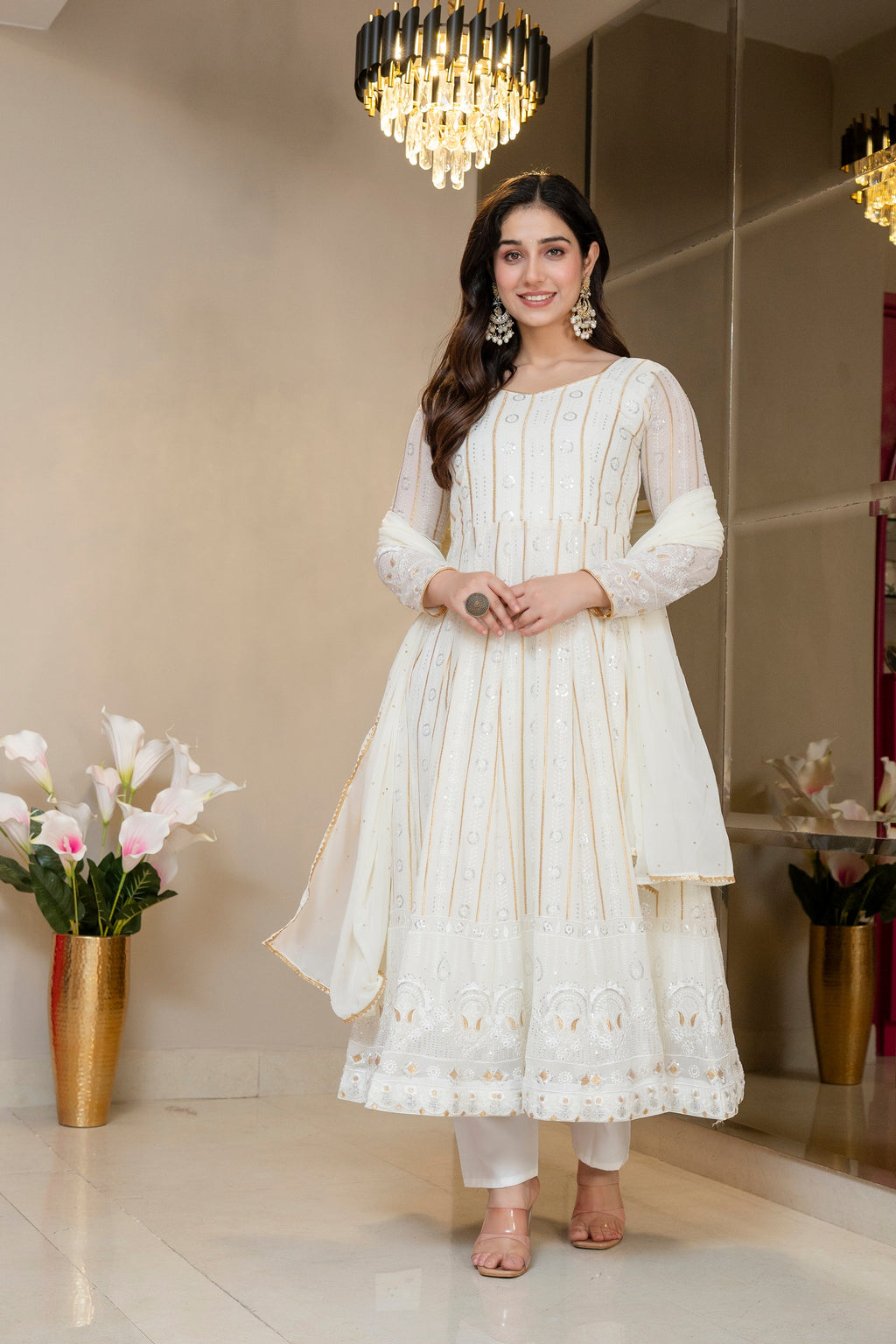 Yash Enterprise Off White Faux Blooming Party Wear Embroidery Suit Set | Grocsy