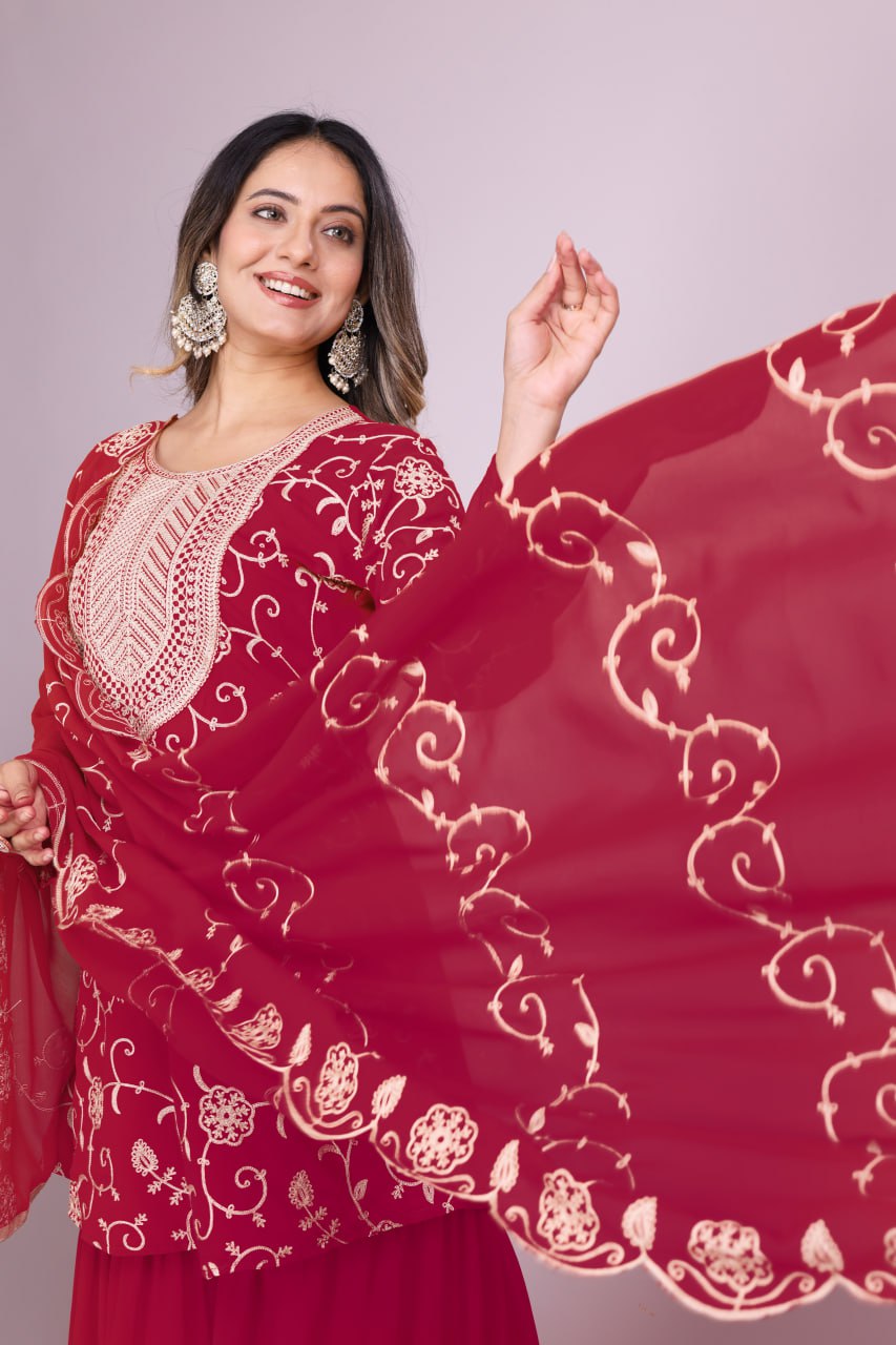 Yash Enterprise Maroon Chinon Silk Party Wear Embroidery Suit Set | Grocsy