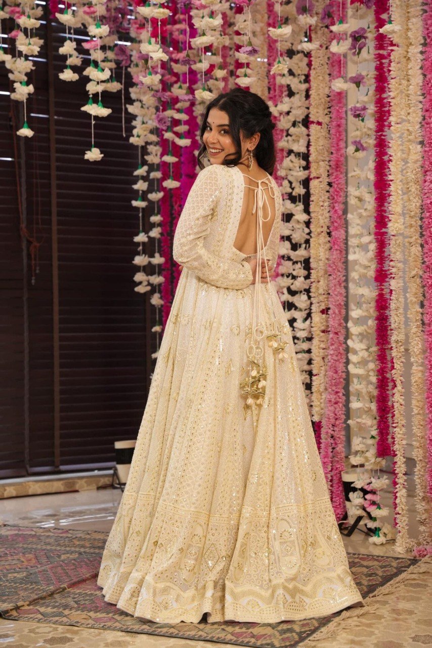 Yash Enterprise Cream Georgette Embroidery Paert Wear Suit Set | Grocsy