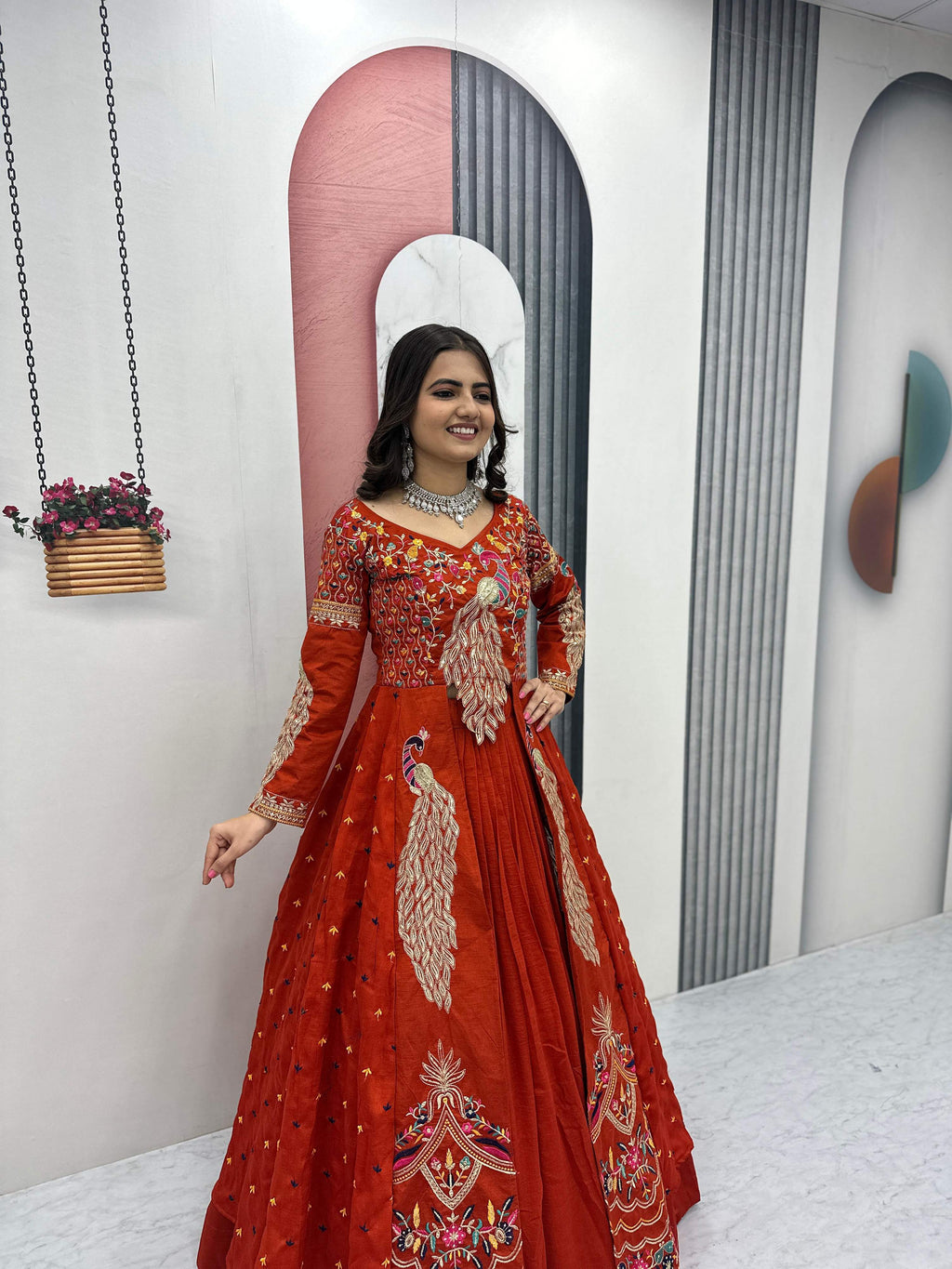 Yash Enterprise Orange Vichitra Silk Party Wear Embroidery Crop Top With Blouse Lehenga Choli | Grocsy