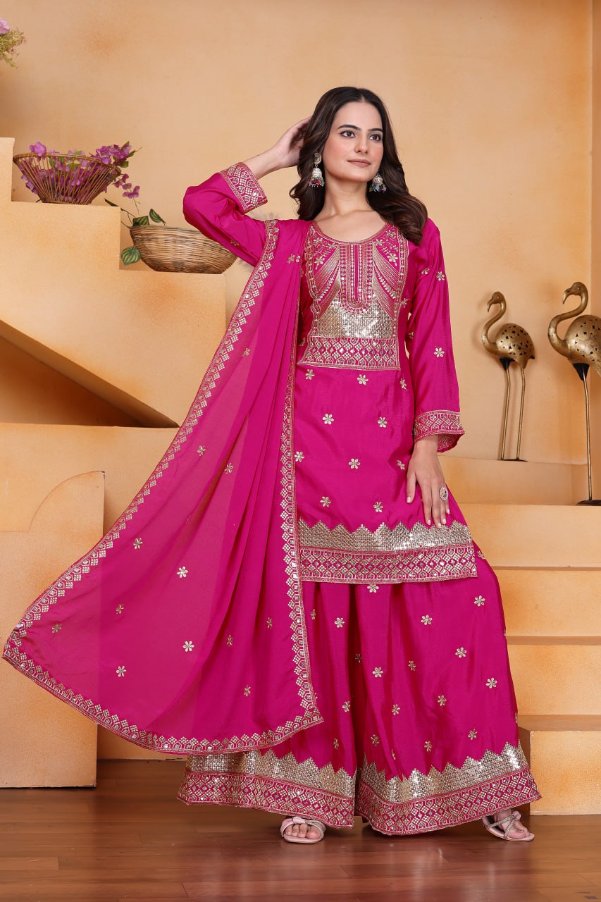 Yash Enterprise Pink Chinon Silk Party Wear Embroidery Suit Set | Grocsy