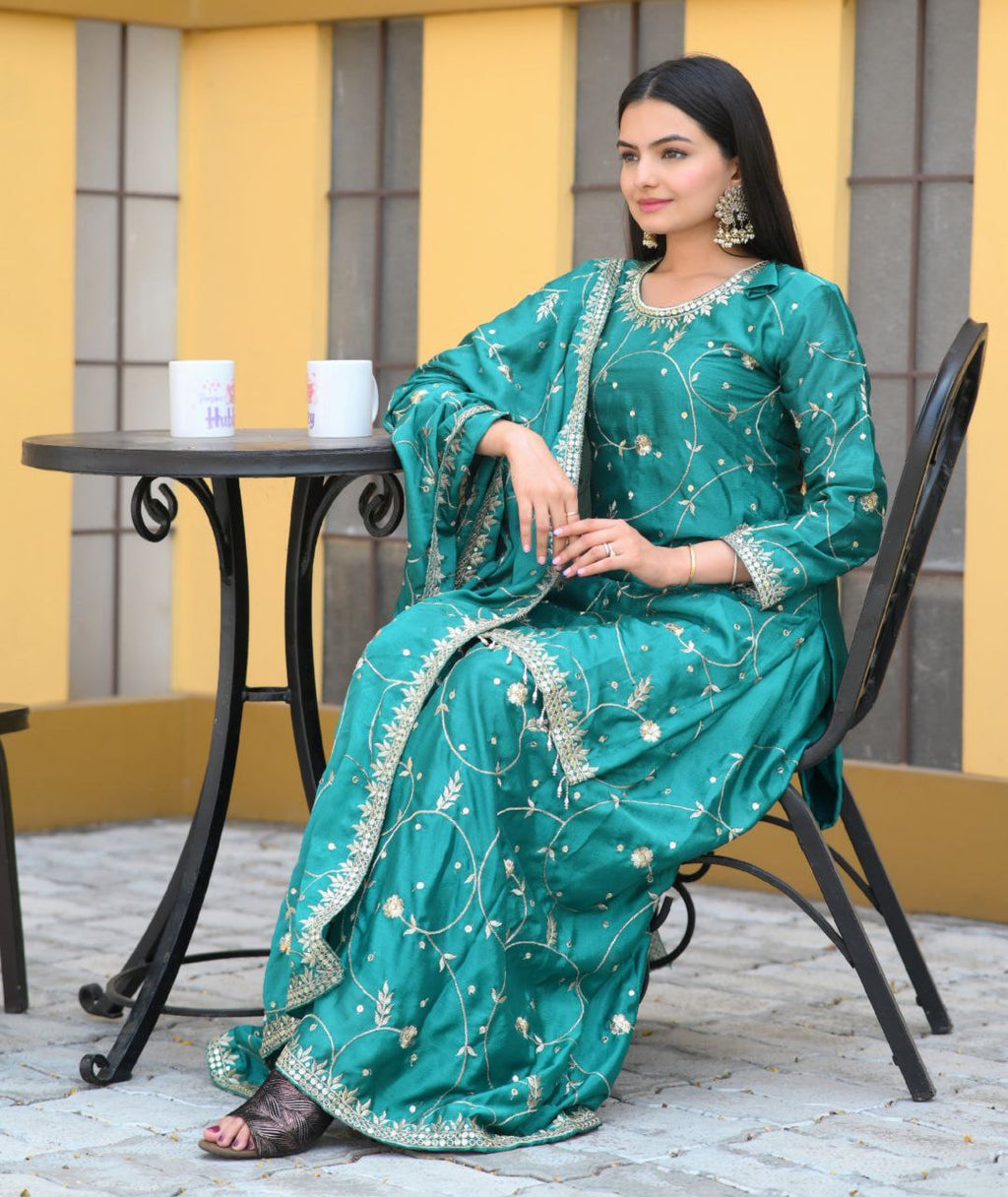 Yash Enterprise Alluring Bottle Green Embroidery Work Readymade Salwar Suit | Grocsy