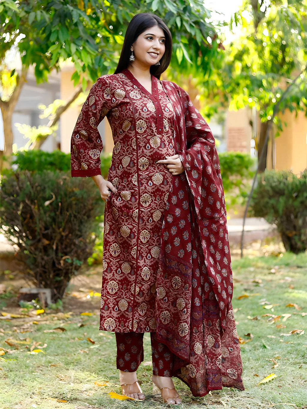Hand Embroidered & Floral Printed Lace Detailed Kurta With Printed Pant & Dupatta Premium Luxury, Multicolor - Hiral Fashion | Grocsy