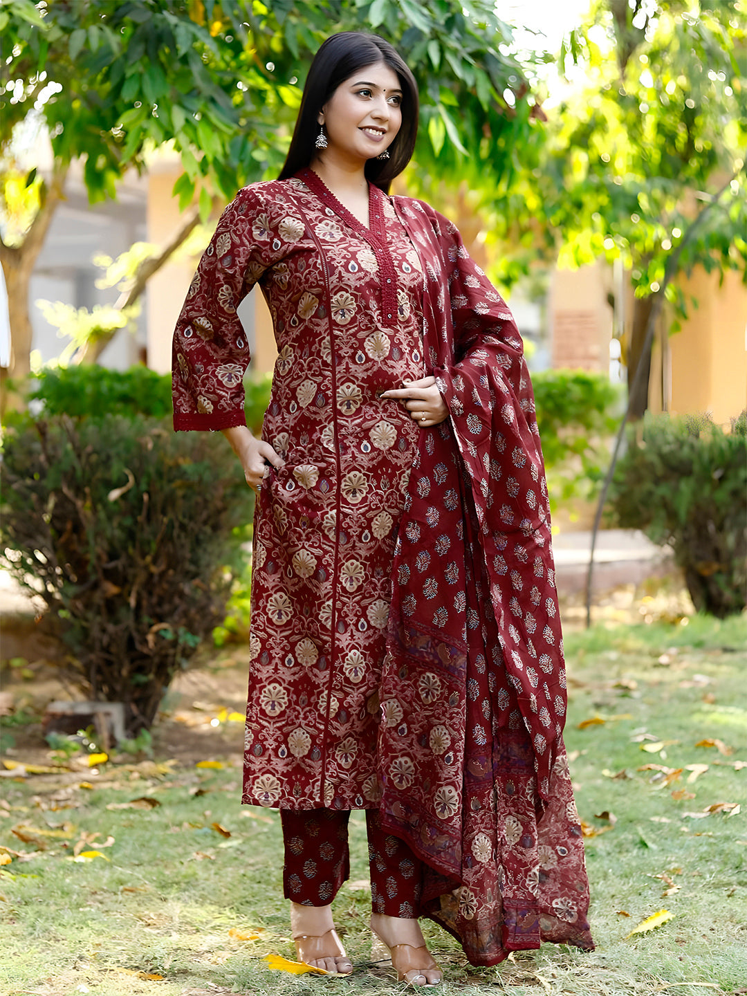 Hand Embroidered & Floral Printed Lace Detailed Kurta With Printed Pant & Dupatta Premium Luxury, Multicolor - Hiral Fashion | Grocsy