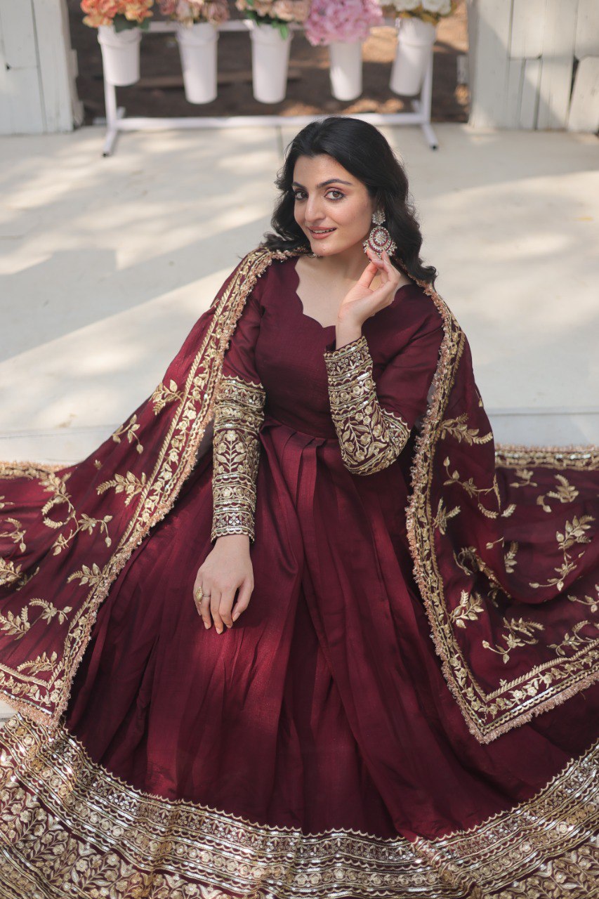 Yash Enterprise Dark Maroon Vichitra Shimmer With Rich Sequins Embroidered Work Party Wear Suit Set Stitched | Grocsy