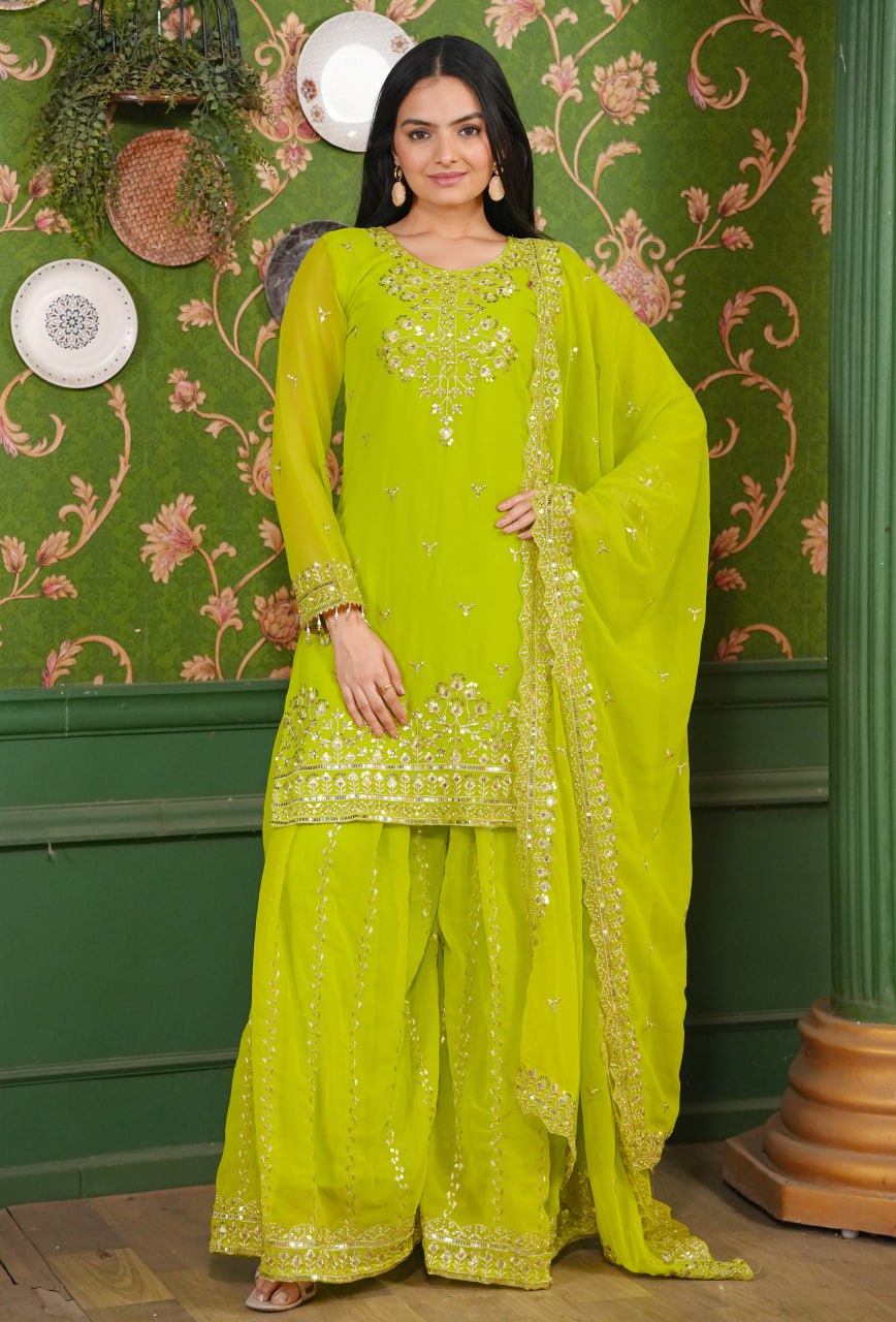Yash Enterprise Green Georgette Party Wear Embroidery Party Wear Suit Set | Grocsy