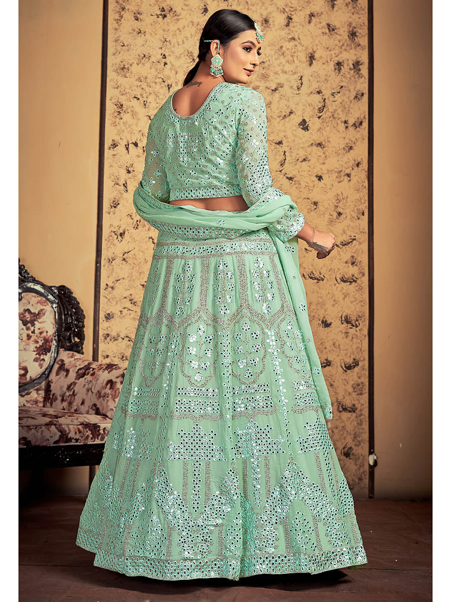 Myra Pista Georgette Heavy Embroidered Designer Lehenga | Grocsy