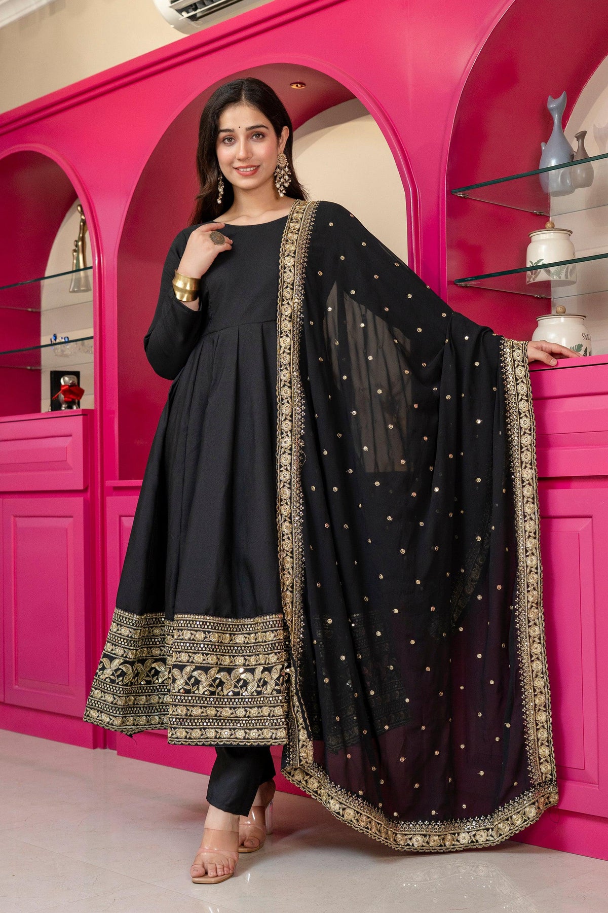 Yash Enterprise Black Rayon Party Wear Embroidery Suit Set | Grocsy