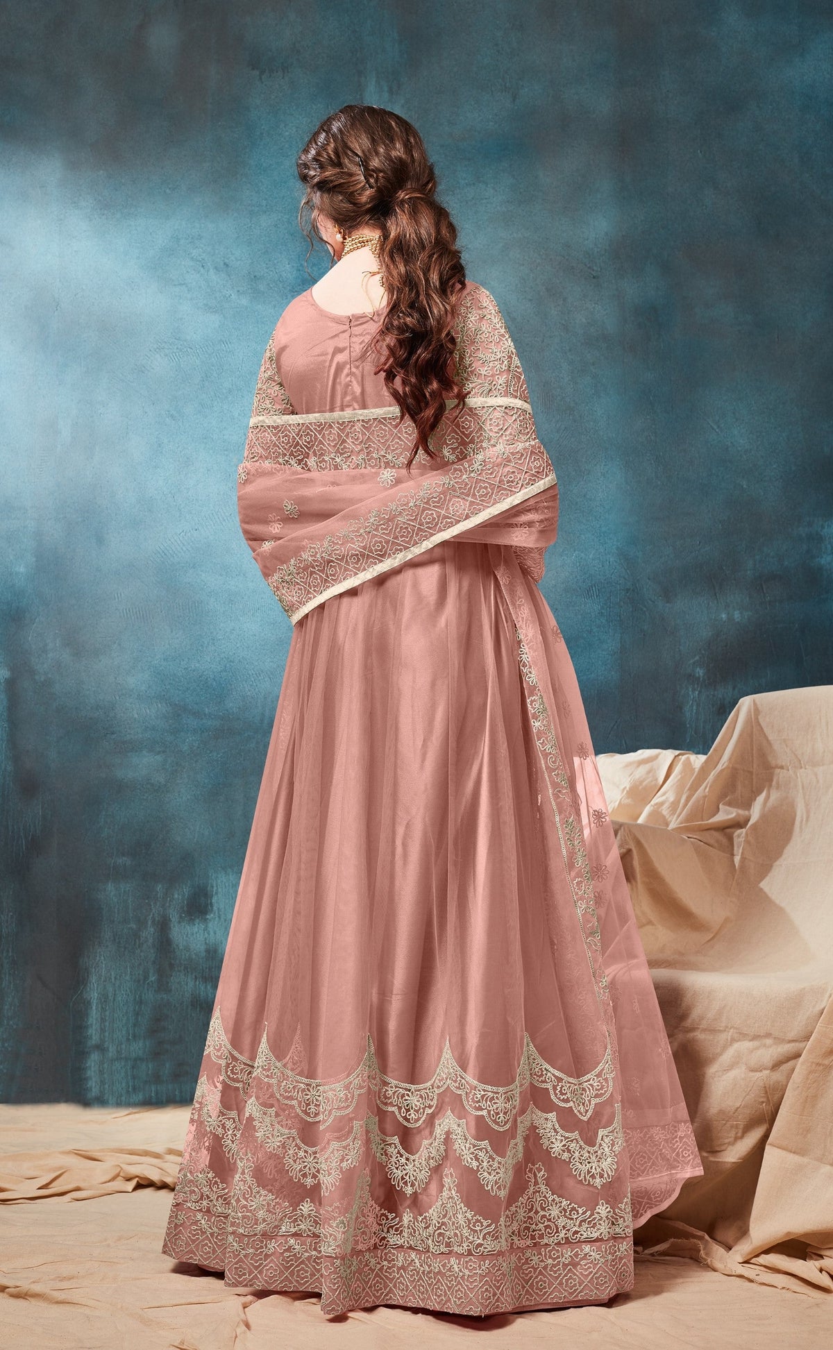 Anaita Peach Embroidered Net Anarkali Suit | Grocsy