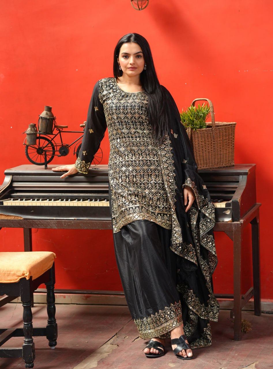 Yash Enterprise Black Chinon Silk Party Wear Embroidery Party Wear Suit Set | Grocsy