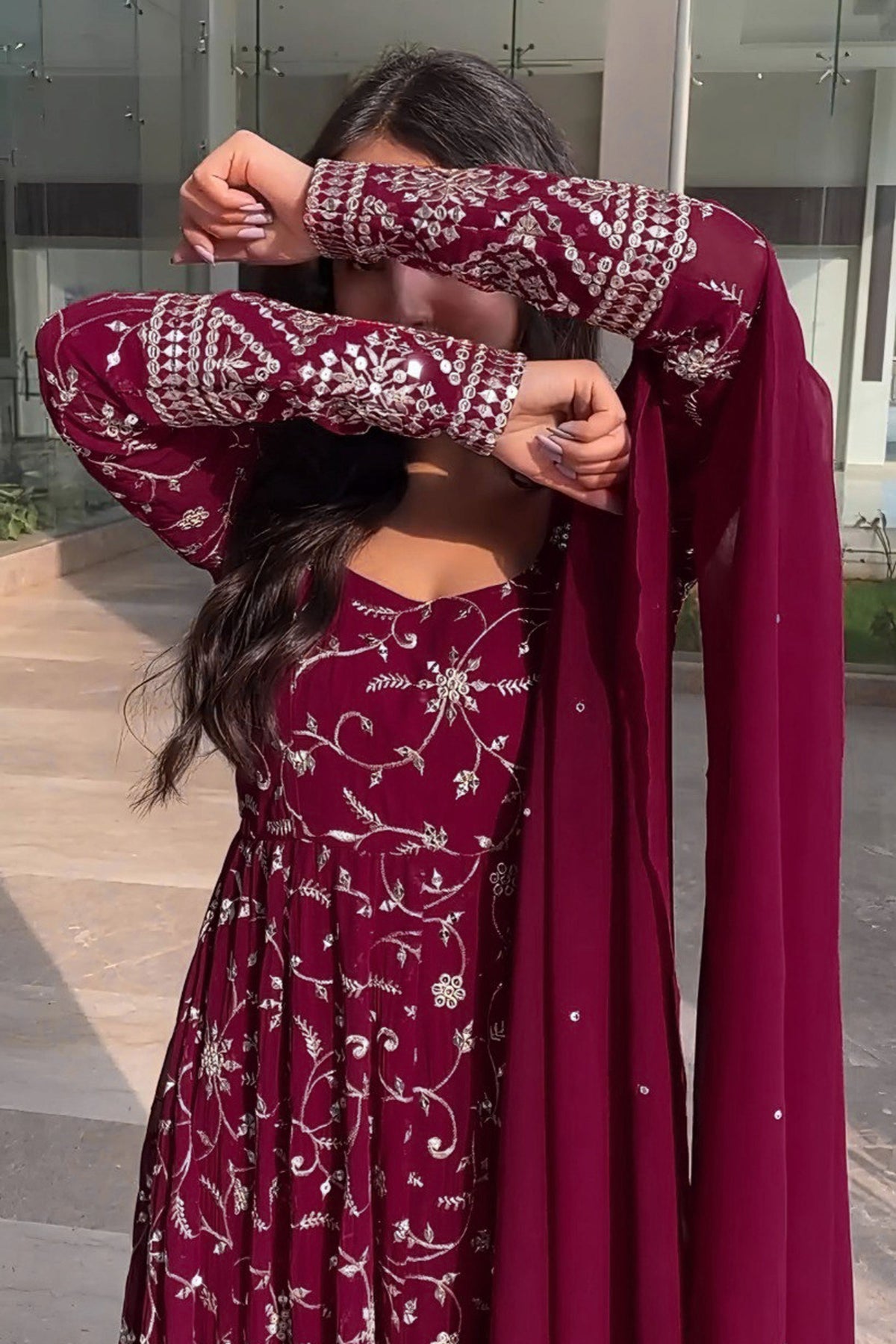 Yash Enterprise Rani Pink Georgette Embroidered Party Wear Anarkali Kurta Set | Grocsy