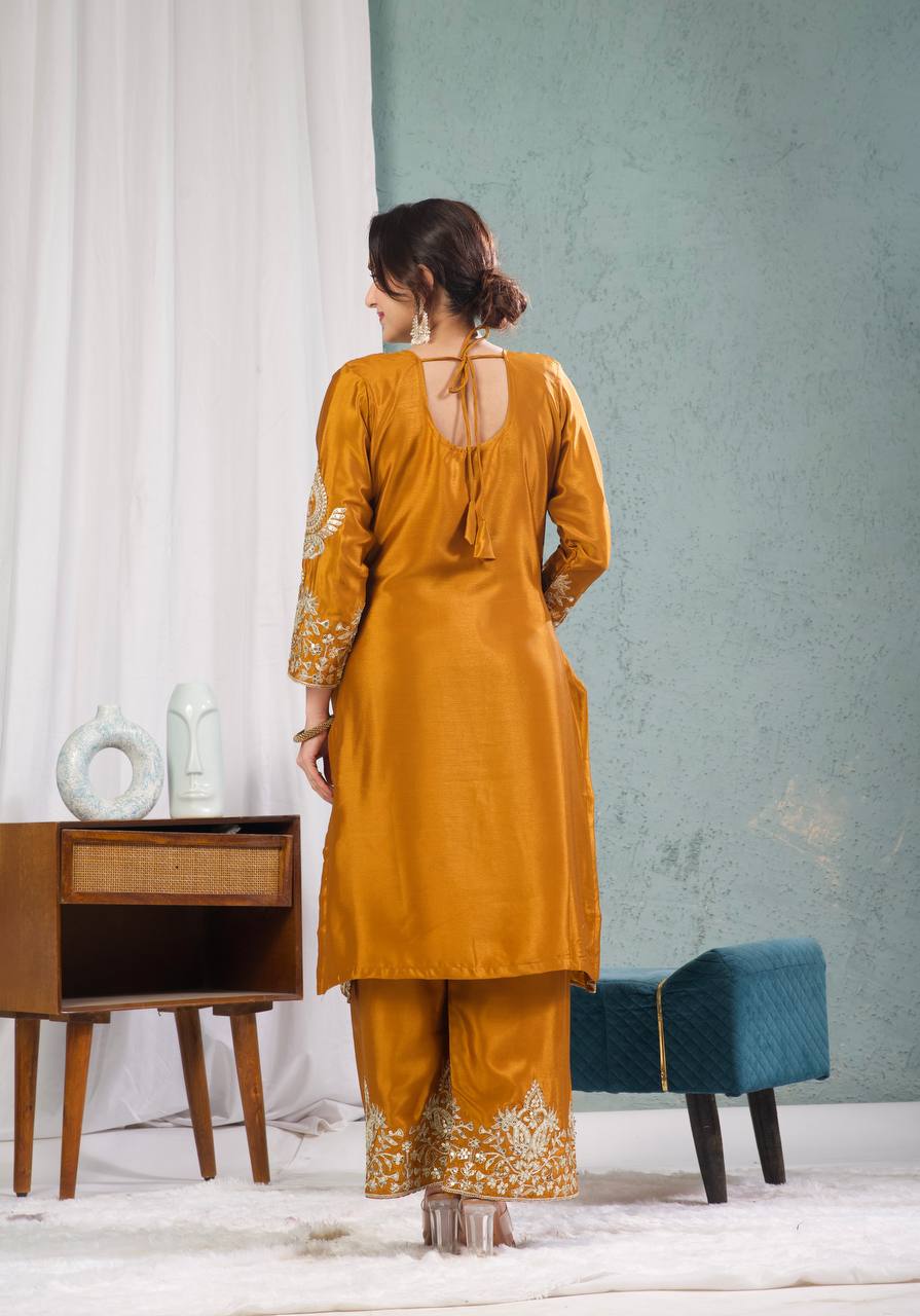 Yash Enterprise Gold Chinnon Silk Embroidery Party Wear Suit Set | Grocsy