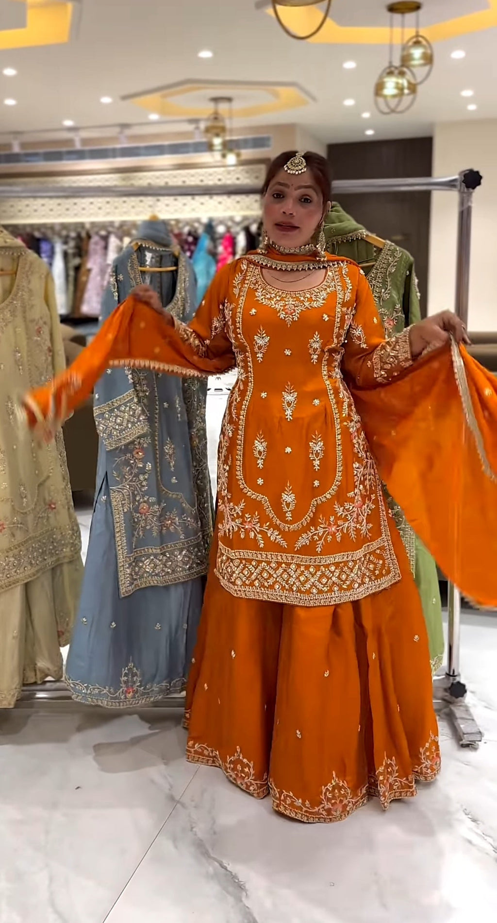 Yash Enterprise Orange Natural Crep Embroidery Party Wear Suit Set | Grocsy