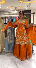 Yash Enterprise Orange Natural Crep Embroidery Party Wear Suit Set | Grocsy