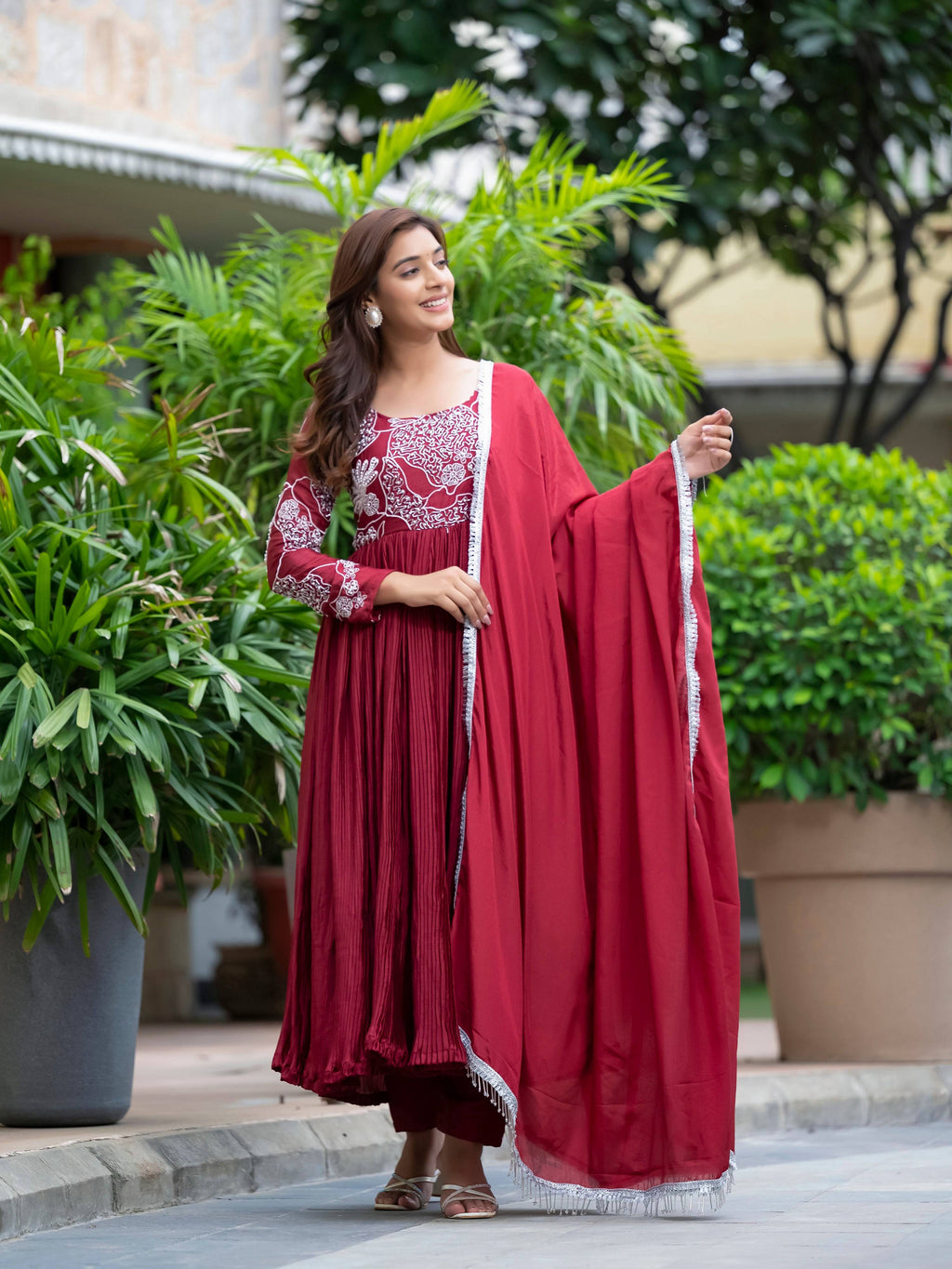 Yash Enterprise Maroon Chinon Silk Party Wear Embroidery Suit Set | Grocsy