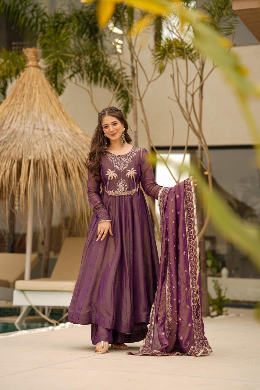 Yash Enterprise Purple Cosmo Silk Party Wear Ebroidery Suit Set | Grocsy