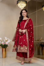 Yash Enterprise Maroon Simmar Silk Party Wear Embroidery Suit Set | Grocsy