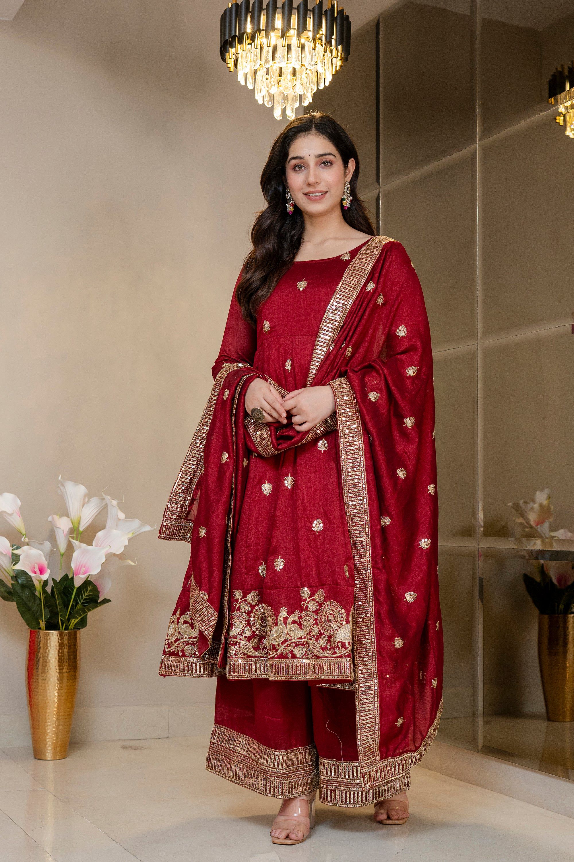 Yash Enterprise Maroon Simmar Silk Party Wear Embroidery Suit Set | Grocsy