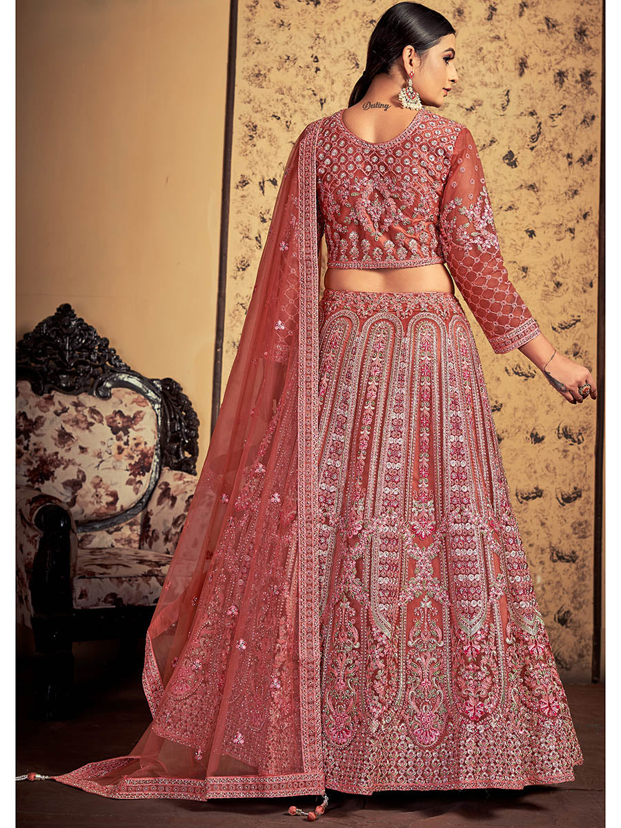 Myra Pink Taupe Soft Net Heavy Embroidered Designer Lehenga | Grocsy