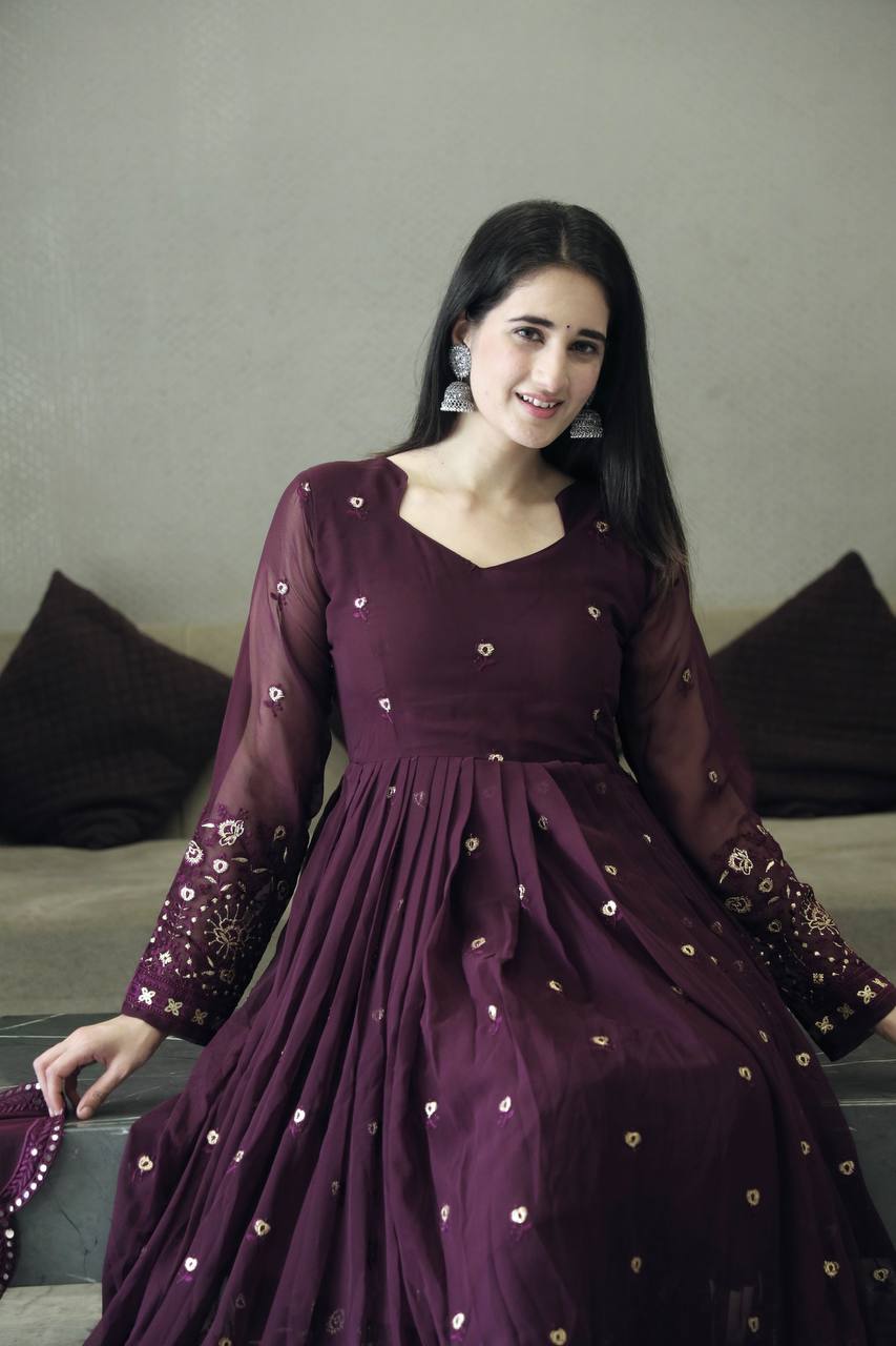 Yash Enterprise Maroon Anarkali Salwar Suit With Mirror And Gota Patti Work | Grocsy