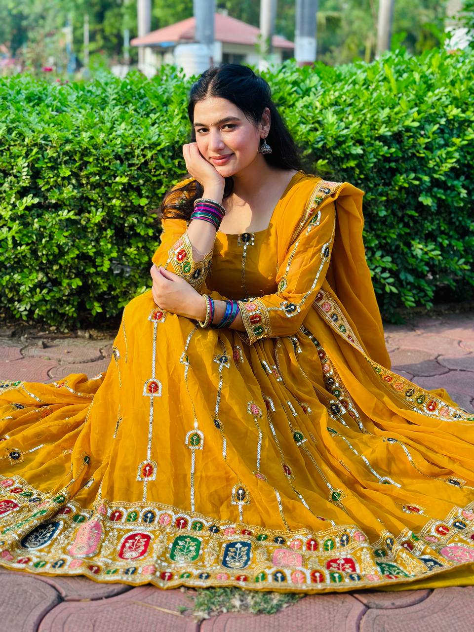 Yash Enterprise Yellow Faux Georgette Embroidery Party Wear Suit Set | Grocsy