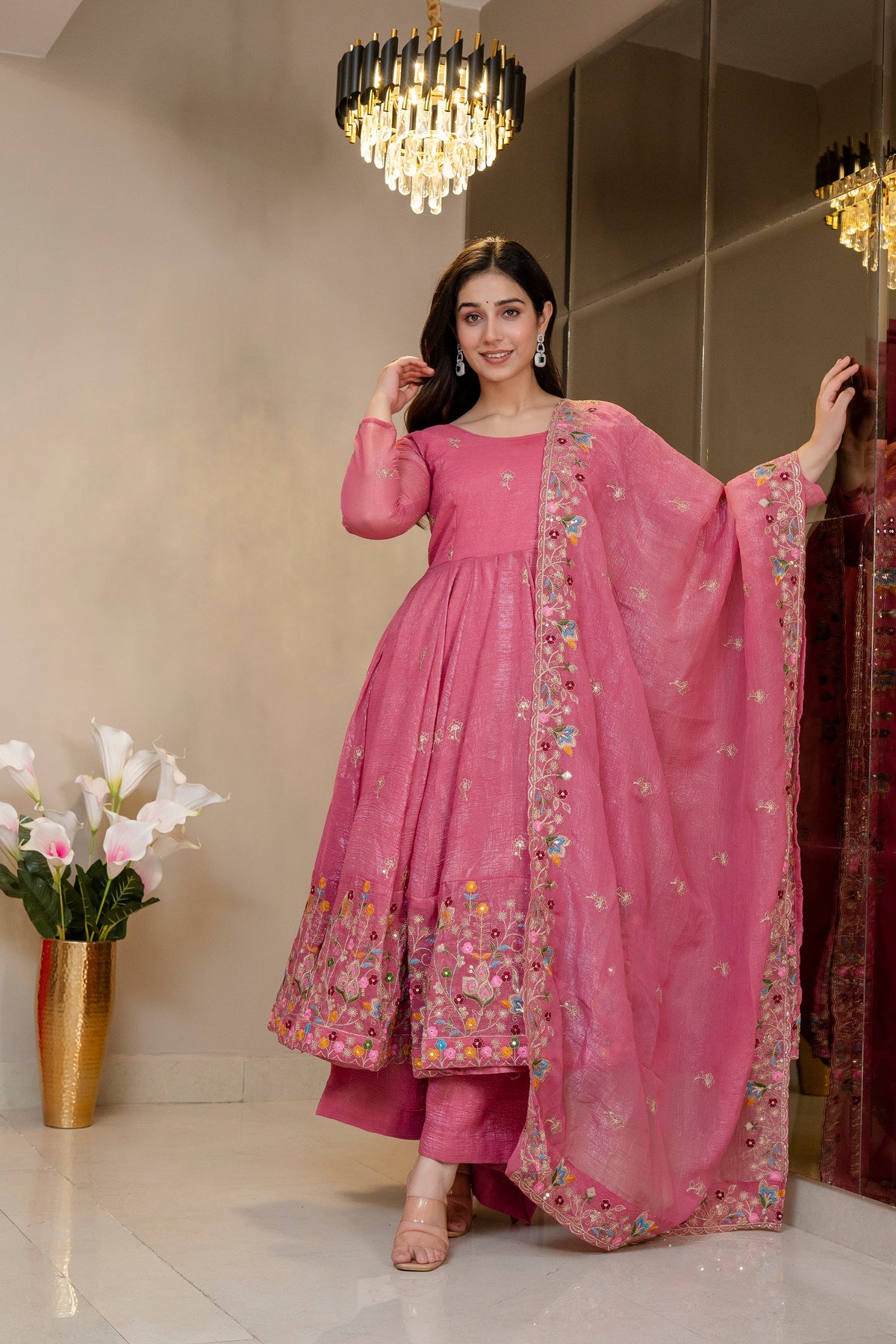 Yash Enterprise Dusty Rose Crunchy Silk Party Wear Embroidery Sharara Suit Set | Grocsy
