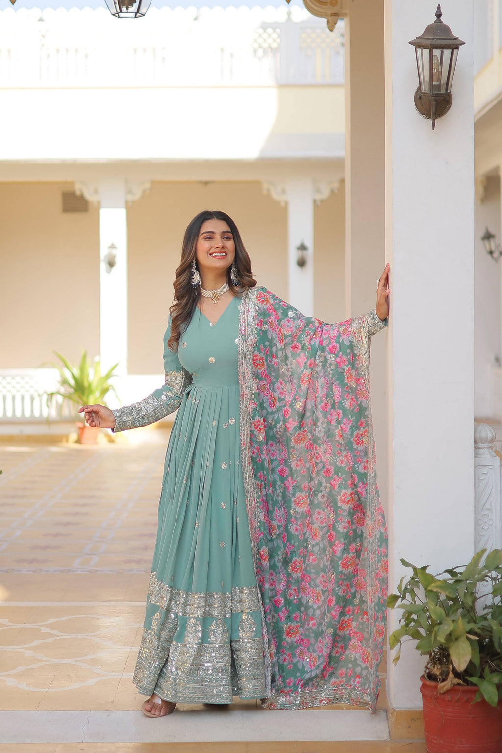 Yash Enterprise Sea Green Georgette Embroidered Long Kurti SetWith Multicolour Dupatta | Grocsy