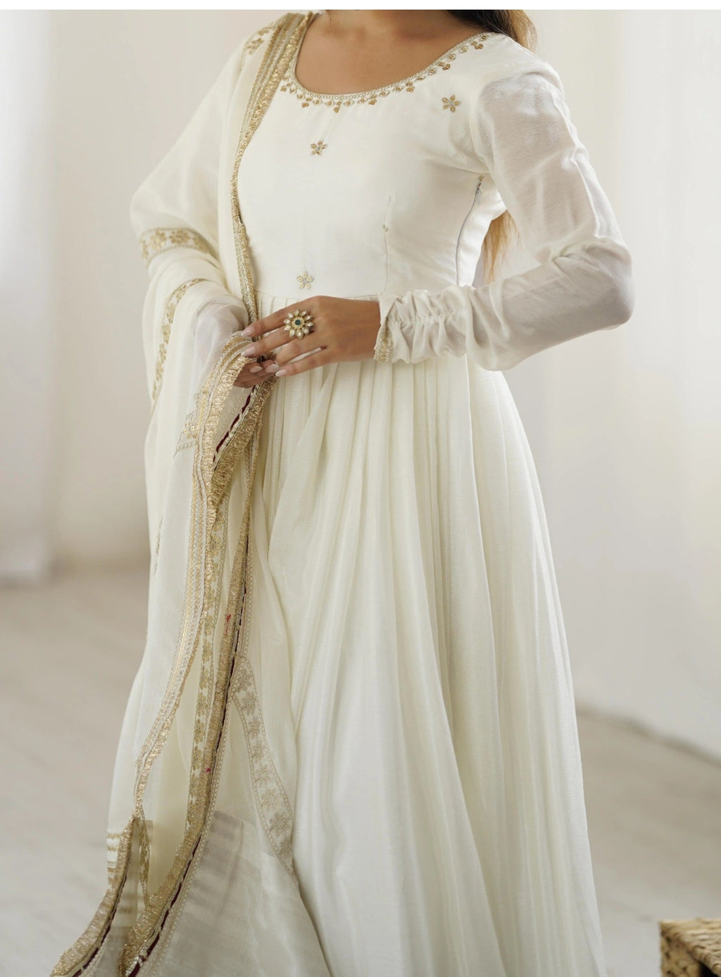 Yash Enterprise Off White Chinon Silk Party Wear Embroidery Suit Set | Grocsy