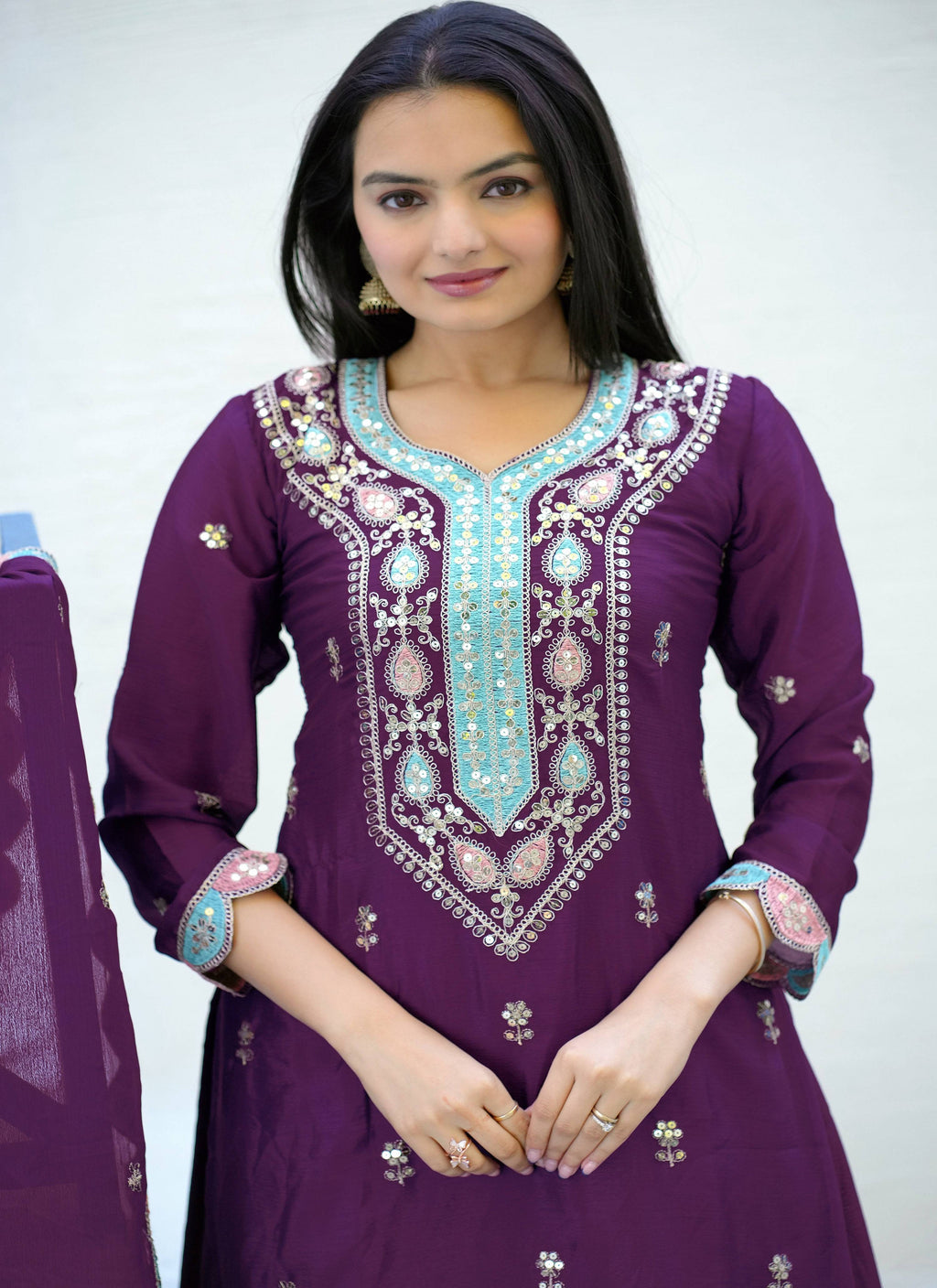 Yash Enterprise Embroidered Chinon With Sequin Maroon Readymade Salwar Suit | Grocsy