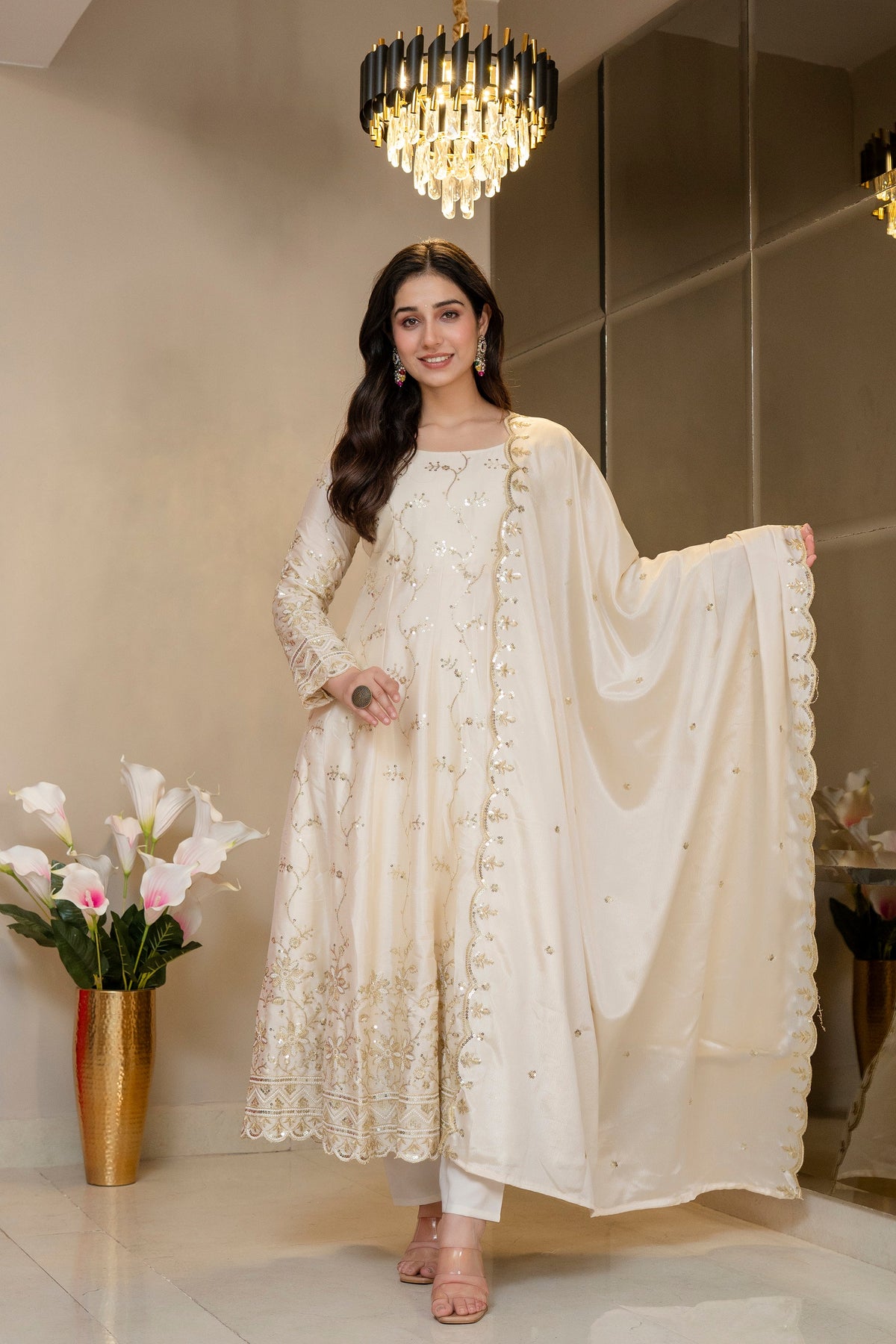 Yash Enterprise Cream Chinon Silk Party Wear Embroidery Suit Set | Grocsy