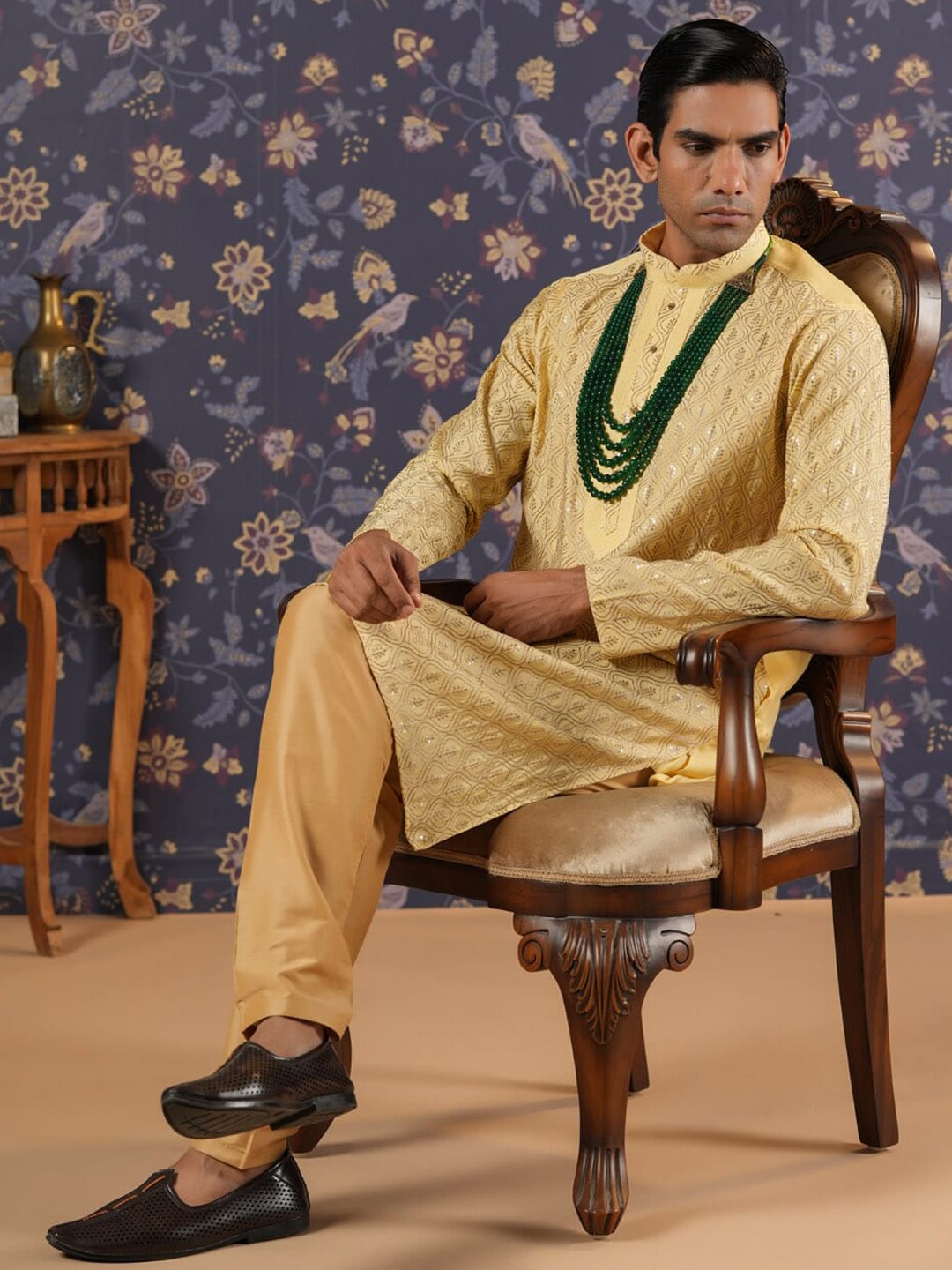 House of Pataudi Ethnic Motifs Embroidered Mandarin Collar Straight Kurta With Churidar | Grocsy