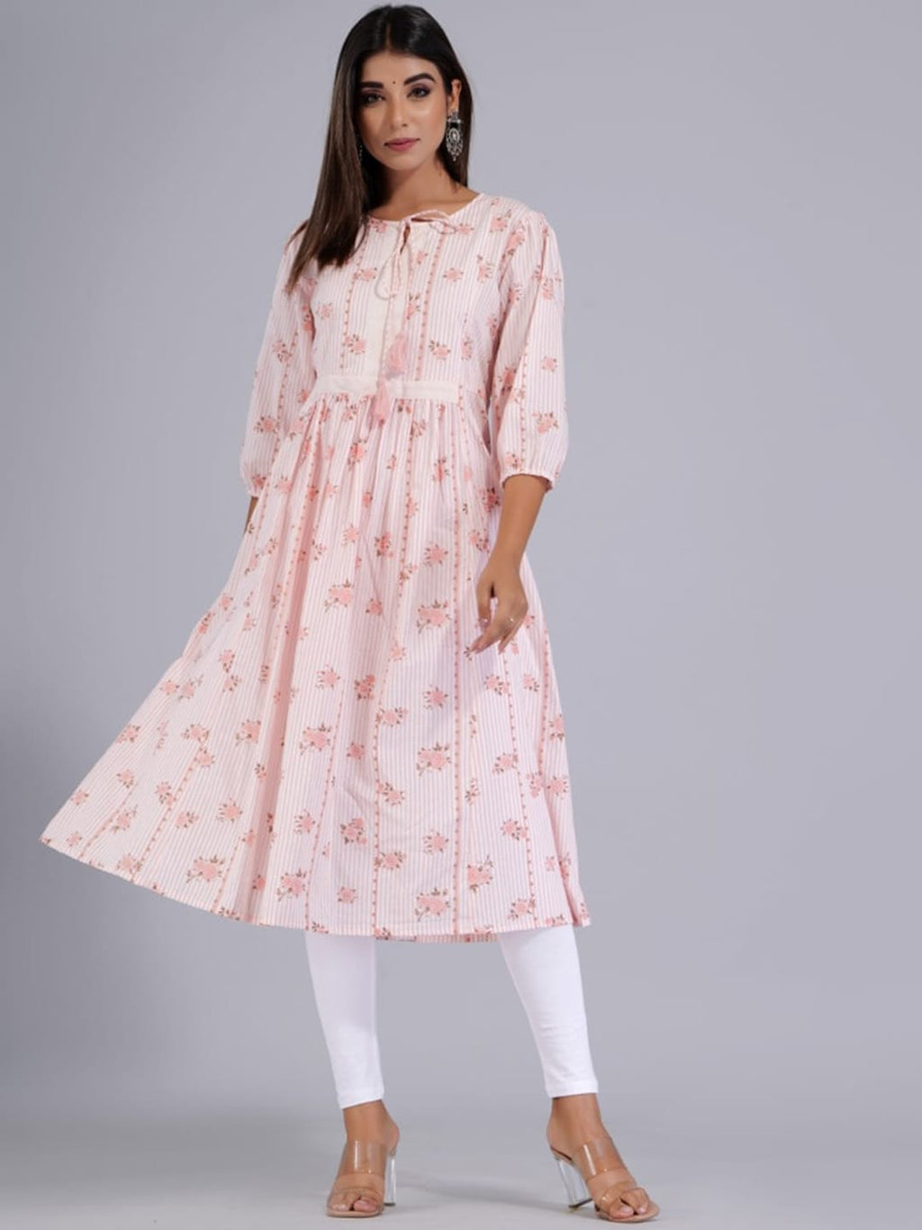 HERE&NOW Peach & White Floral Printed Tie-Up Neck Cotton A-Line Kurta | Grocsy