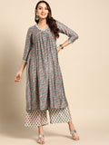 Sangria Women Grey Floral Printed Empire Kurta with Trousers | Grocsy